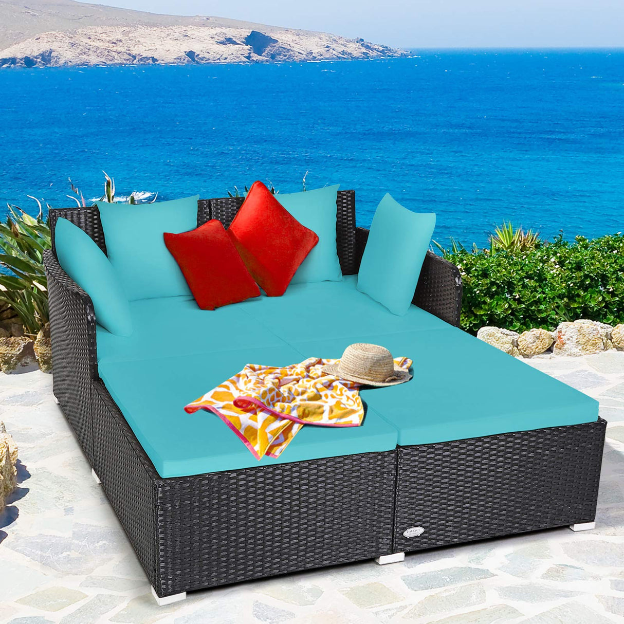Tangkula Outdoor Rattan Daybed, Sunbed Wicker Furniture w/Spacious Seat, Upholstered Cushion & High-Resilience Sponge, Wicker Patio Sofa Set w/Extra Pillows for Courtyard Poolside(Turquoise) Tangkula