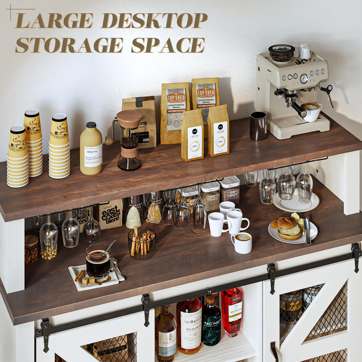 55" Coffee Bar Cabinet with LED Lights, Farmhouse Wine Bar Cabinet for home with wine glass rack, Kitchen Buffet Cabinet with Sliding Door & 4 Tier Storage for Dining Living Room (Antique White) PRETZI