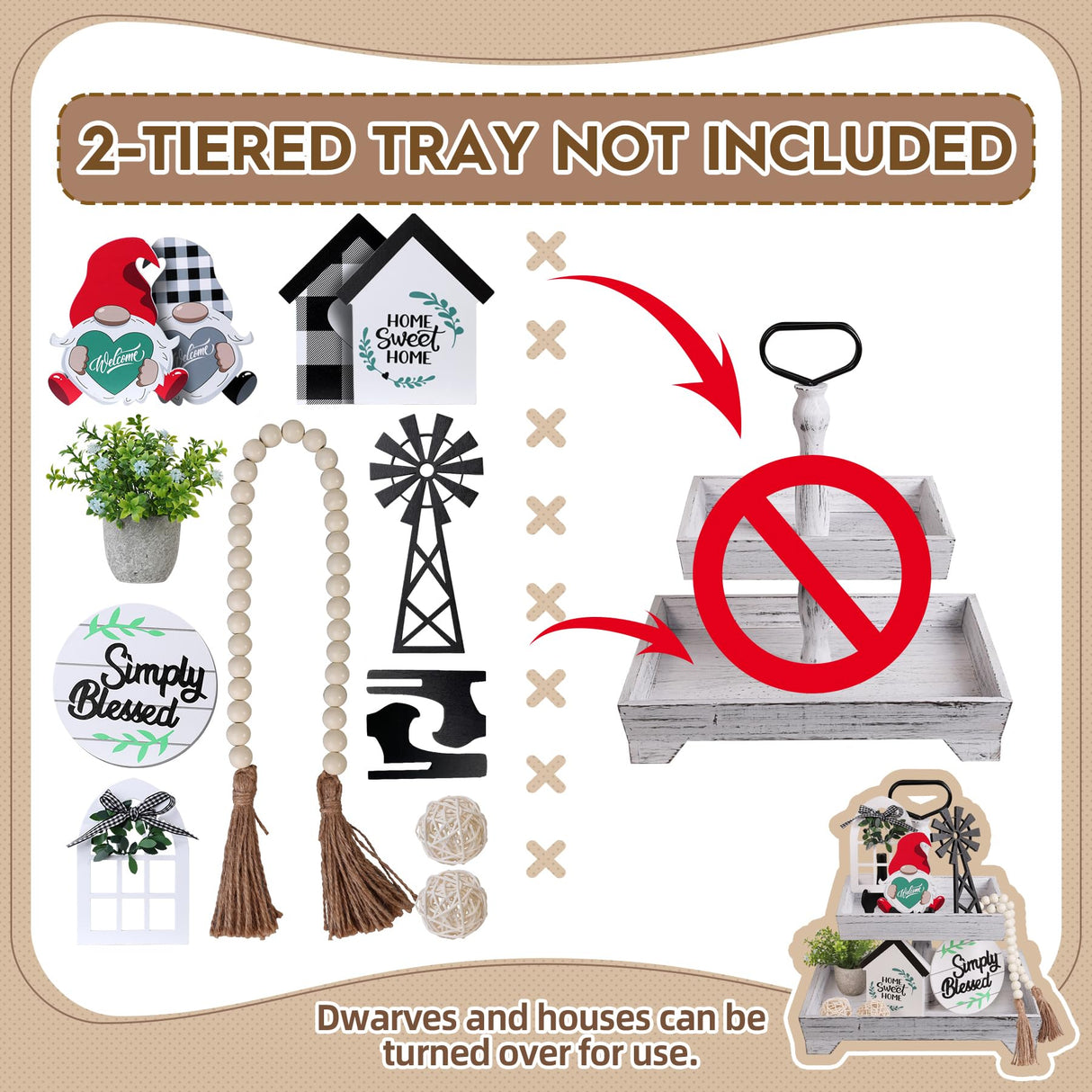 Eufrozy 11pcs Farmhouse Tiered Tray Decor Set, Rustic Tier Tray Decorations with Black and White Buffalo Plaid Gnome Ornaments Wooden Home Sweet Home Sign for Kitchen Table Decor Summer Housewarming Eufrozy