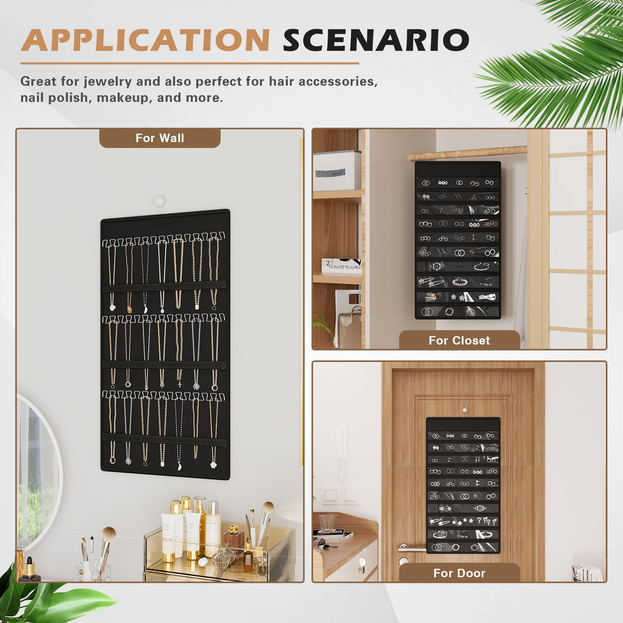 Bosuelife Hanging Jewelry Organizer Storage Roll, Double-Sided Necklaces Holder, 42 Pockets Plus 36 hooks Earrings Organizer Hang in Closet, On Wall, or Doors, Black Bosuelife