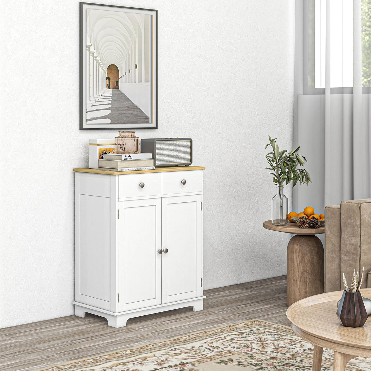 HOMCOM Sideboard with Solid Wood Countertop, Modern Kitchen Storage Cabinet, Coffee Bar Cabinet with 2 Drawers, Doors and Adjustable Shelf, Distressed White HOMCOM