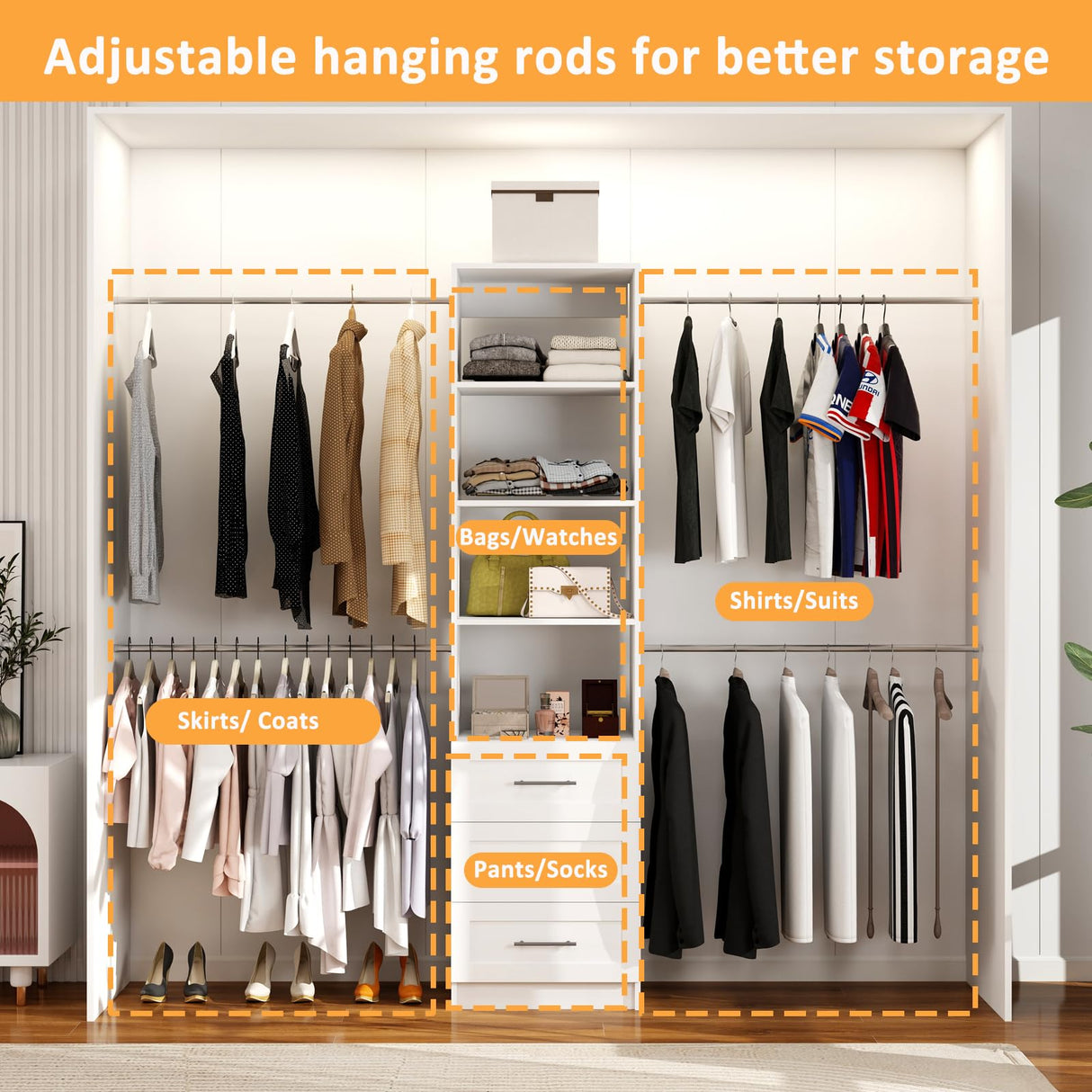 secilix Closet System, 5FT-8FT Closet Organizer System with 4 Expandable Hanging Rods and Moveable Shelves, 99" Walk in Closet System with 3 Wooden Drawers, Custom Built in Closet, Wall Mount (White) secilix