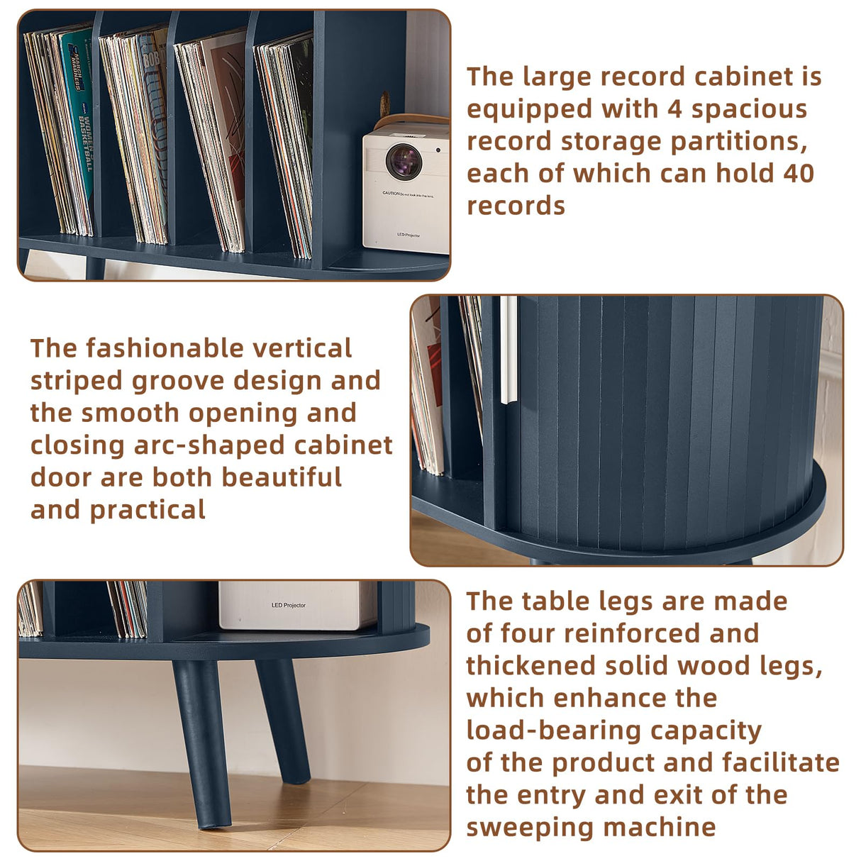 LELELINKY Large Round Record Player Stand with Charging Station & Fluted Display Shelf, Blue Mid Century Modern Turntable Cabinet with Vinyl Storage, Arched Wood Record Player Table for Living Room LELELINKY