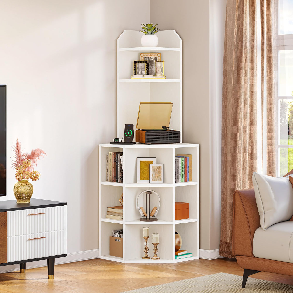 YITAHOME Corner Shelf with USB Ports & Outlets, Modern Corner Storage Cabinet Rack Charging Station, Wooden Display Bookshelf Bookcase for Living YITAHOME