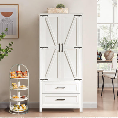 Alaxgumrol Kitchen Pantry Storage Cabinet, Food Pantry Cabinet with 2 Drawers & Adjustable Shelves & Barn Doors, Farmhouse Wood Pantry for Kitchen, Dining Room, Living Room, Bathroom, White