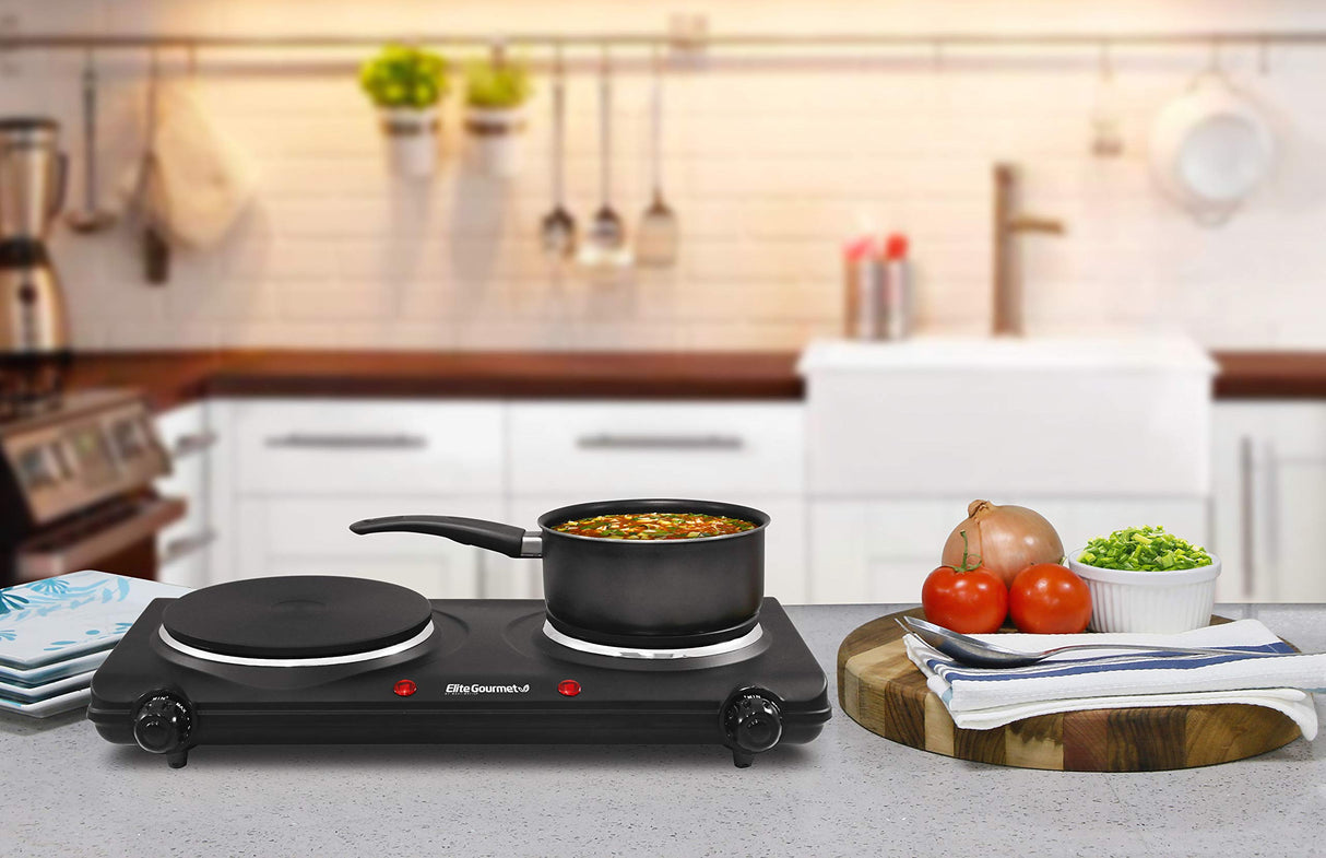 Elite Gourmet EDB-302BF Countertop Double Cast Iron Burner, 1500 Watts Electric Hot Plate, Temperature Controls, Power Indicator Lights, Easy to Clean, Black Elite Gourmet