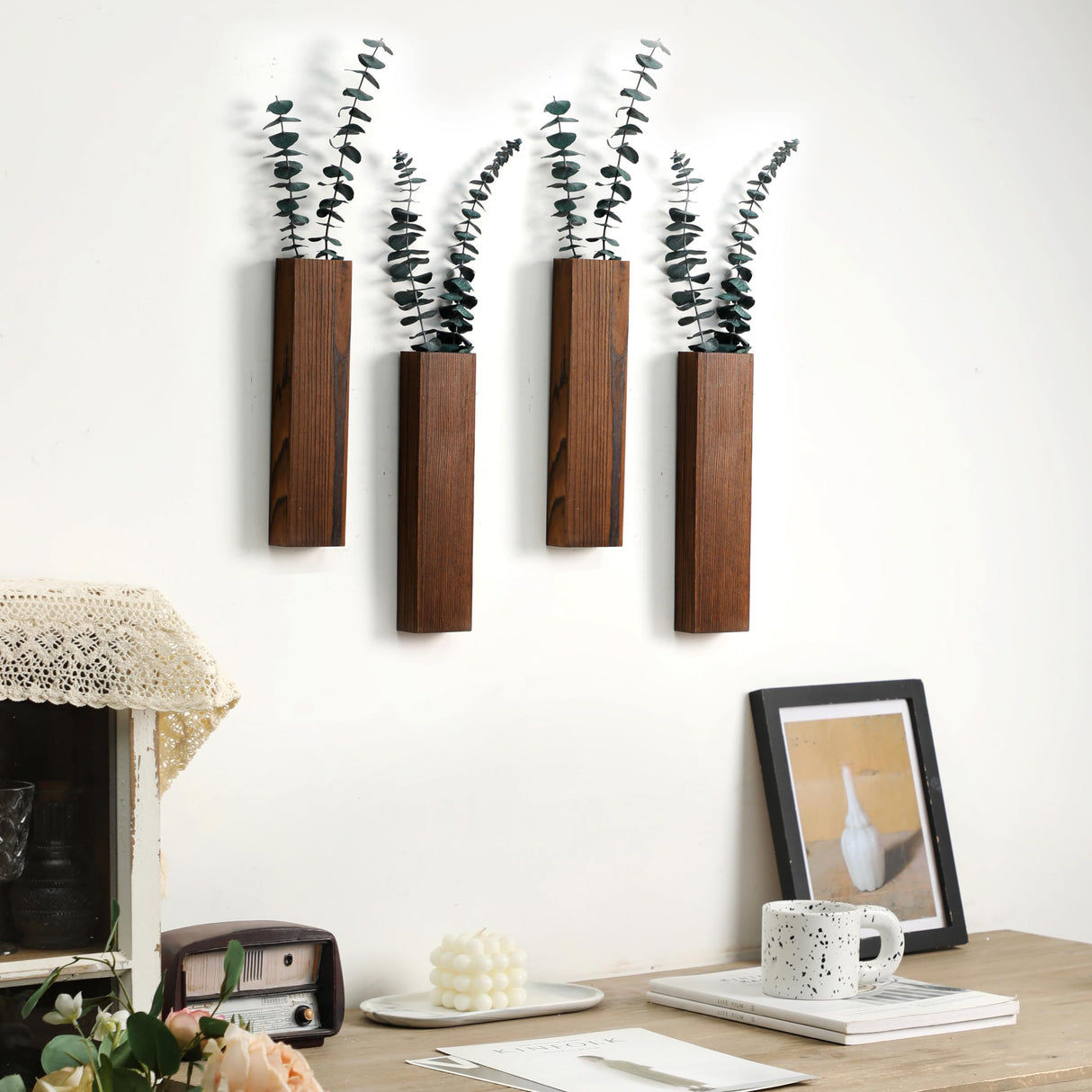 Wood Wall Planter 4 Pack Wall Decor for Artificial Flower Plants Wooden Plants Holders Wall Plant Pocket Vase Hanging for Living Room Bedroom Dining Rmeosye