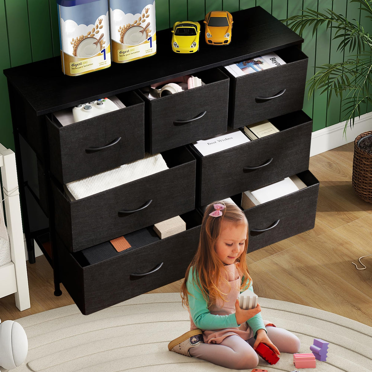 Zibbizo Dresser for Bedroom, 7 Storage Drawers, Anti-Tip Wide Fabric Closet Chests Organizer Tower Furniture, TV Stand for TV up to 45 inch with Wooden Top Metal Frame for Clothes, Living Room Zibbizo