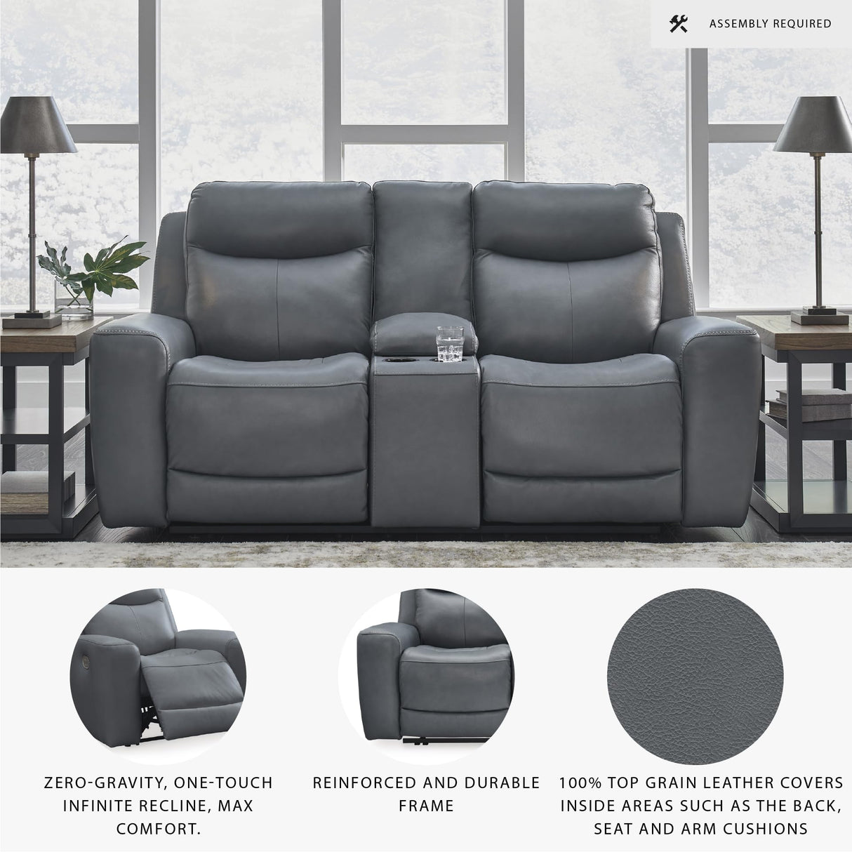 Signature Design by Ashley Mindanao Modern Leather Match Upholstered Power Reclining Loveseat with Console, USB Ports and Cup Holders, Gray Signature Design by Ashley