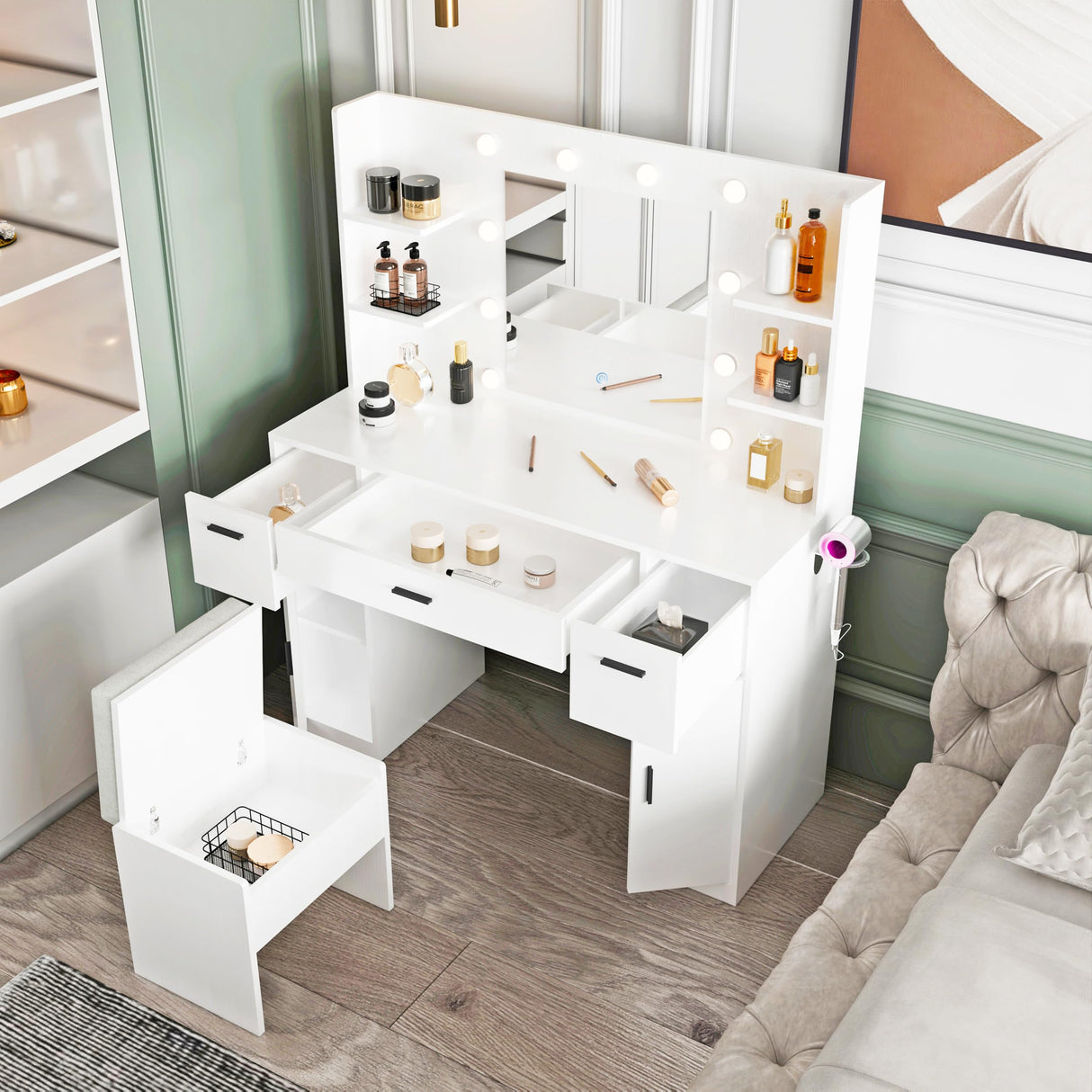 MECHYIN Vanity Desk with Lights, Make up Vanity Desk with Mirror and Power Outlet, Large Makeup Vanity with Dividers and Hair Dryer Rack, Vanity Set 3 Lighting Modes Brightness Adjustable MECHYIN