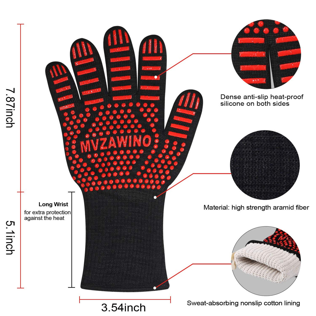 Premium BBQ Gloves, 1472°F Extreme Heat Resistant Oven Gloves, Grilling Gloves with Cut Resistant, Durable Fireproof Kitchen Oven Mitts Designed for Cooking, Grill, Frying, Baking, Barbecue-1 Pair MVZAWINO