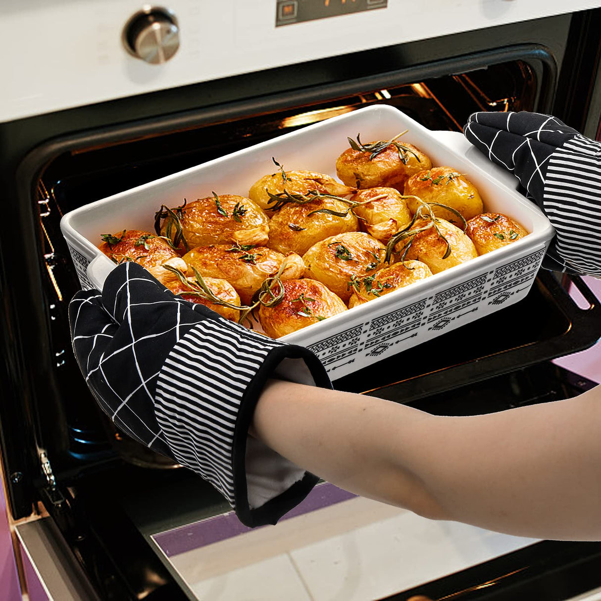 YOUEON Set of 3 Ceramic Baking Dish with Handles, Porcelain Bakeware Set with Boho Pattern, Casserole Dish, Lasagna Pans, Rectangular Baking Dish for Kitchen, Cooking, Cake Dinner Youeon