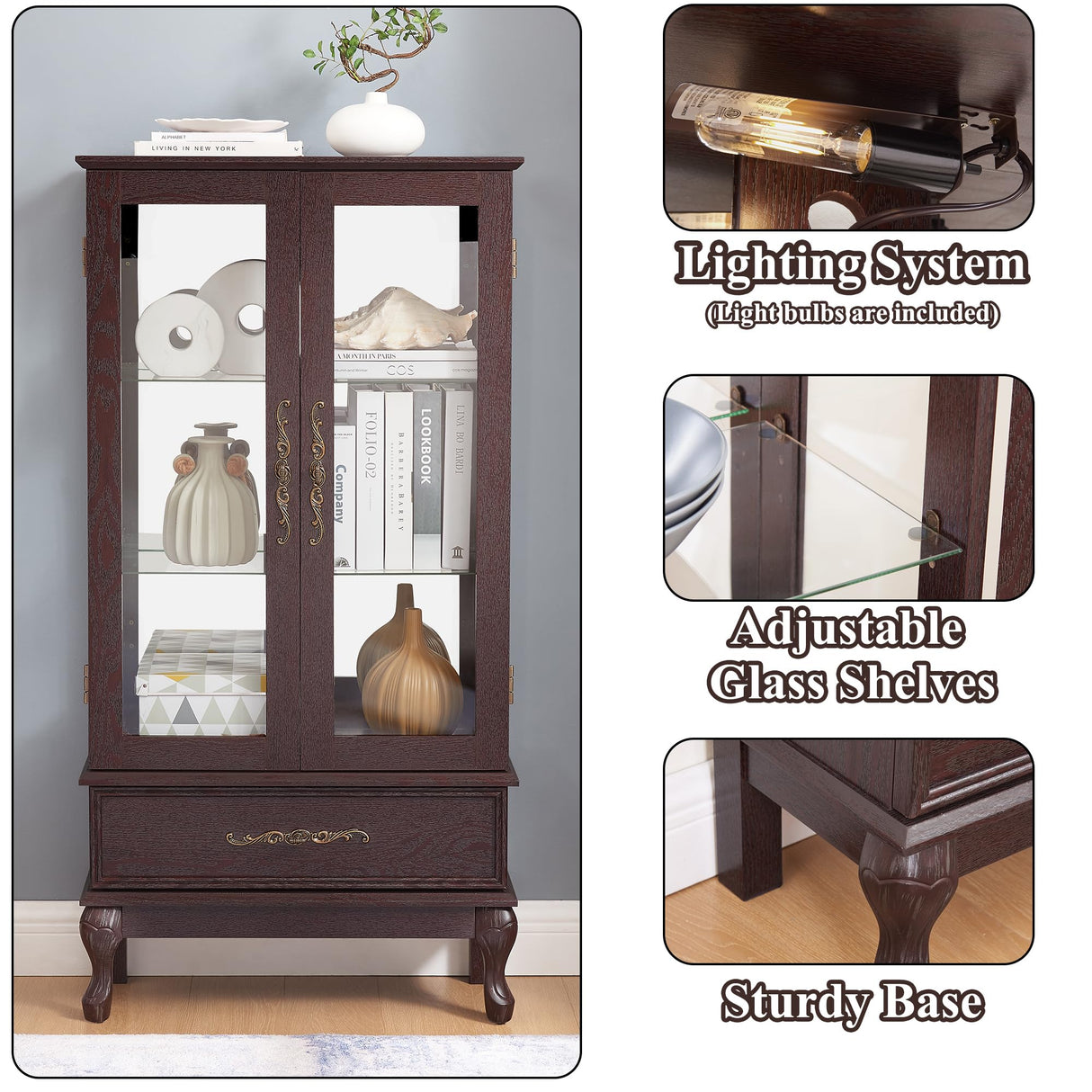 nifoti 51" H Lighted Curio Cabinet Display Case, Glass Curio Cabinet with Adjustable Shelves,Tempered Glass Door and Drawer, Wooden Cabinets w/Mirrored Back Pane for Living Room (Dark Cherry) nifoti