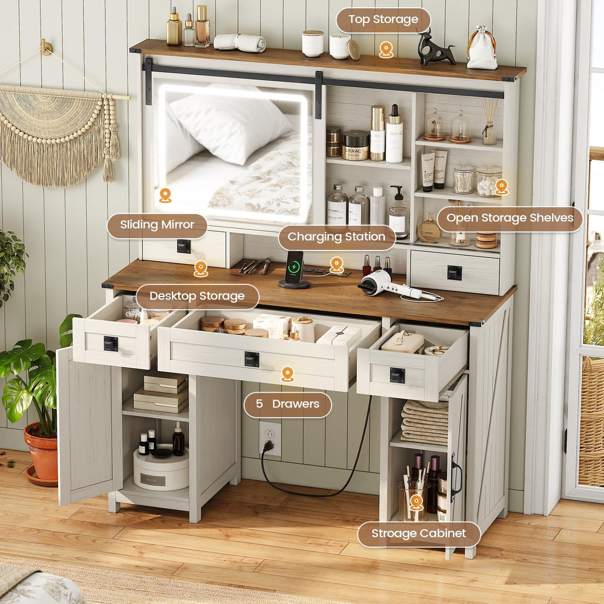 AOGLALTI Farmhouse Vanity Desk with Mirror and Lights, Makeup Vanity with Lights & Charging Station, Large White Vanity Table with Ample Storage Space and Sliding Mirror (White) AOGLLATI