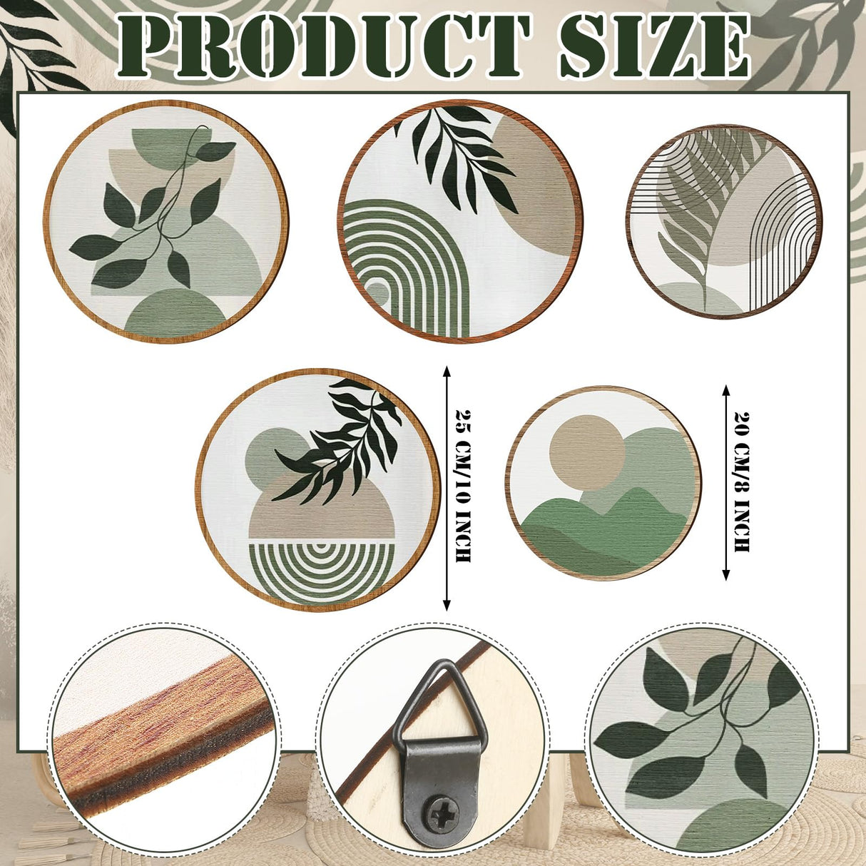 5 Pcs Boho Wooden Wall Art - Bohemian Geometric Hanging Decor for Living Room, Bedroom - 10'' and 8'' Greenery Minimalist Farmhouse Wall Hangings Qunclay