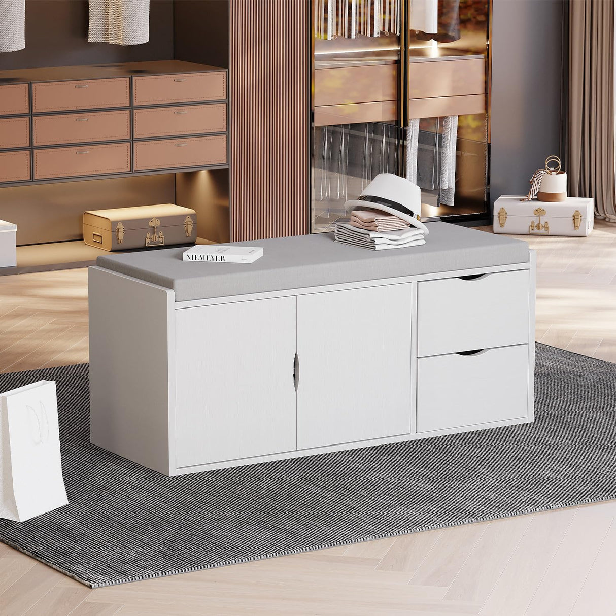 LVB Storage Entryway Bench, Long Shoe Bench with Drawers Storage Shelf, Modern Entry Way Bench with Padded Cushioned Seating, Wood Shoe Rack Bench for Foyer Entrance Living Bedroom, White Oak, 40in LVB