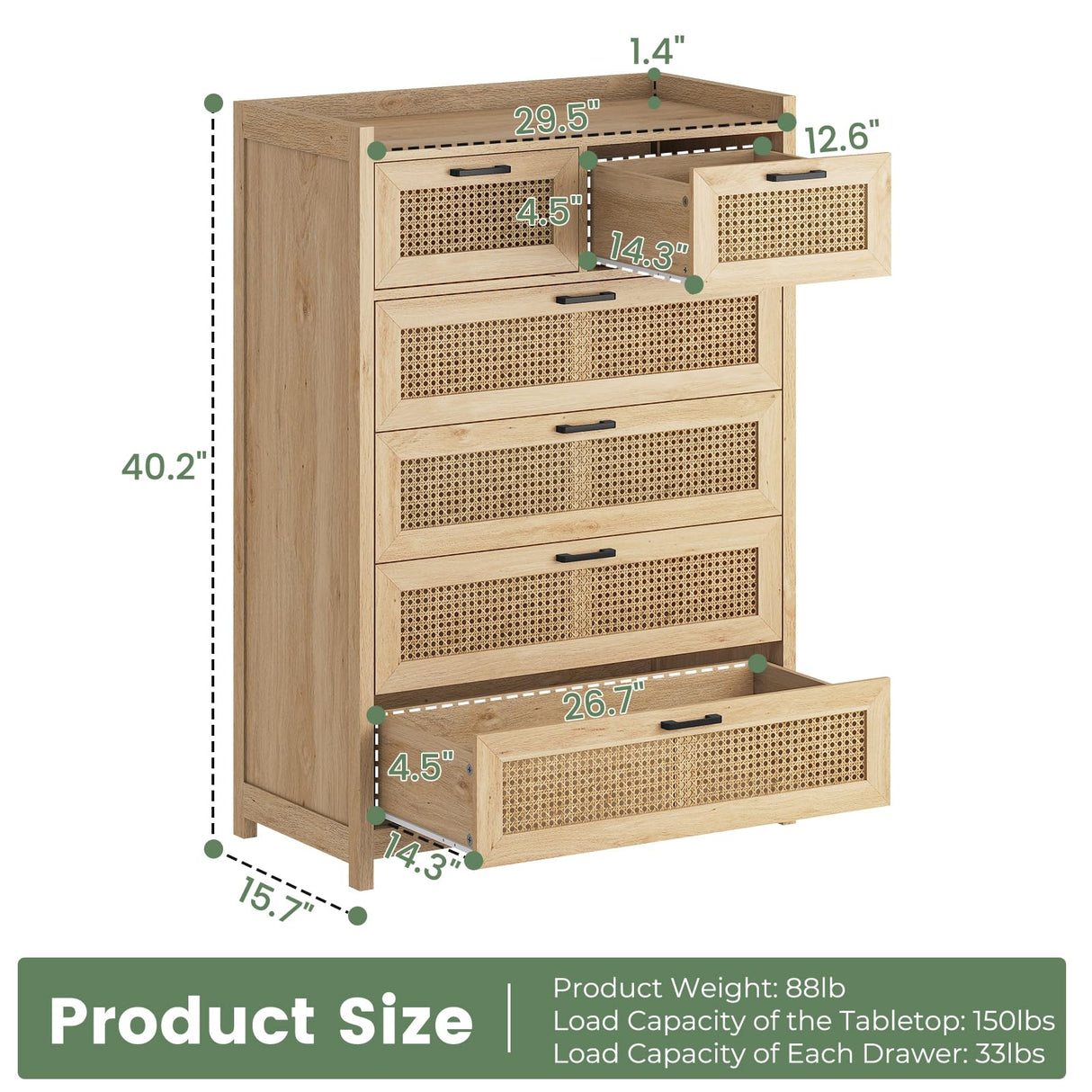 OTMCOOUCH Dresser for Bedroom with 6 Drawers, Natural Rattan Modern Wooden Tall Bedroom Dresser with Led Lights, Chest of Drawers for Bedroom, Living Room OTMCOOUCH
