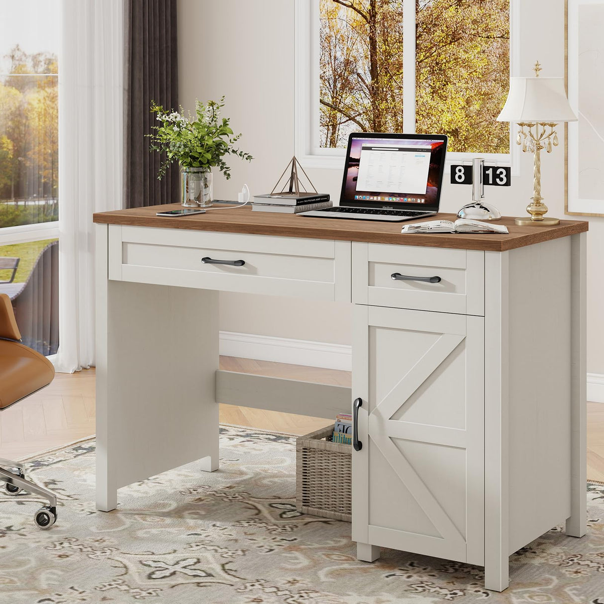 Farmhouse 47" Executive Desk, Computer Desk with Drawers and Storage Cabinet, Workstation Computer Desk for Home Office and Study.(Unique White) Vabches
