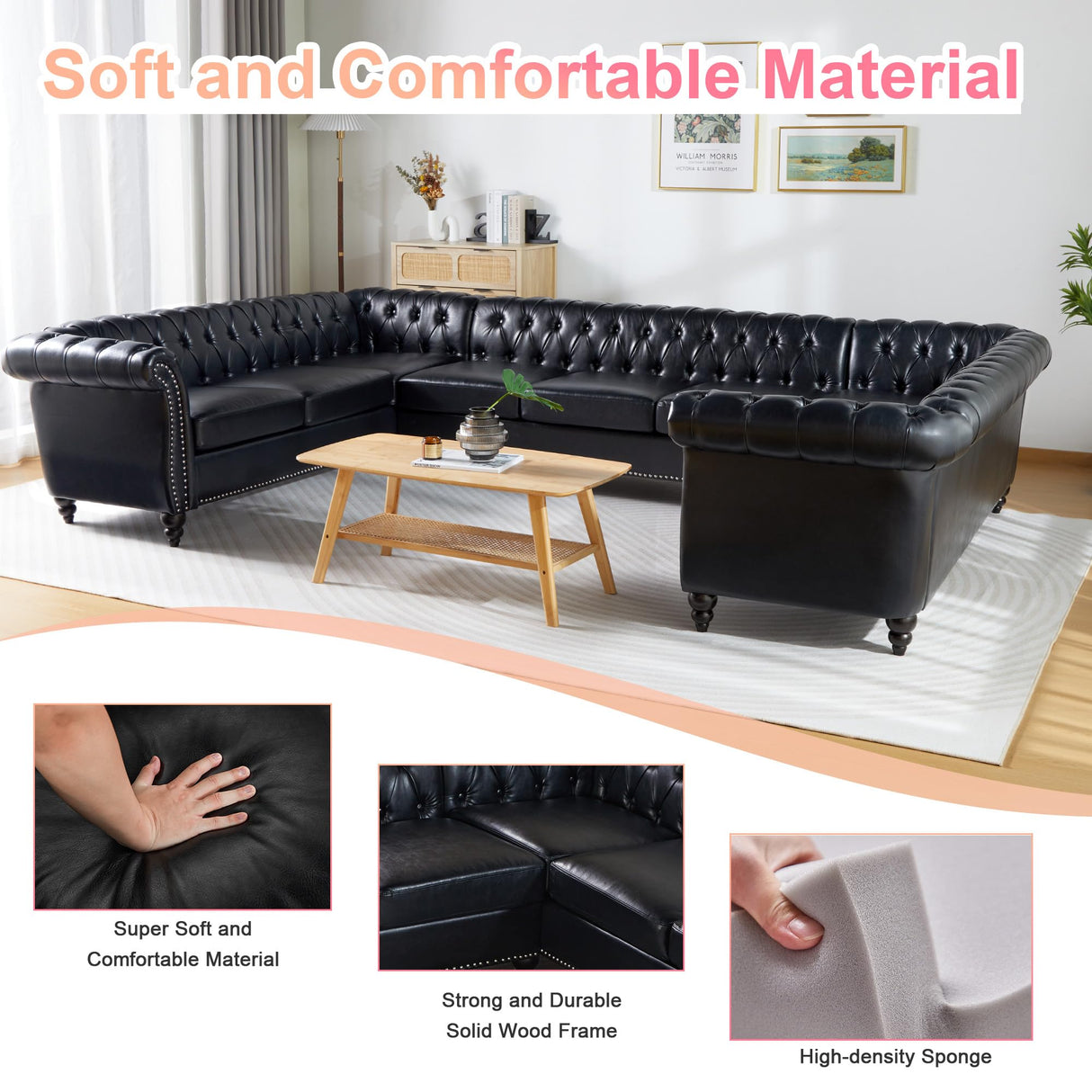 U Shaped Large Sectional Sofa, Chesterfield Leather Faux Couch Tufted Accent Sofa with Scroll Arms and Nailhead for Living Room, Office ORRD