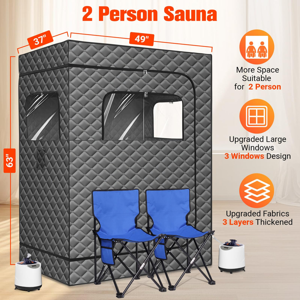 IvyBess 2 Person Sauna for Home, 1 or 2 Person Portable Steam Sauna with 2 1000W Sauna Steamers, 2 Floding Chairs, 9 Levels Adjustable, 99 Minutes Timer, Steamer Included (Grey) IvyBess