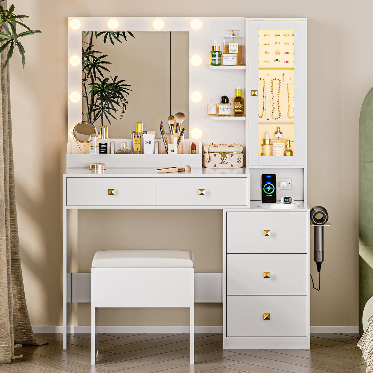 Vanity Desk with Mirror and Lights, White Makeup Vanity with 5 Drawers Hidden Jewelry Organizer& LED Glass Cabinet,3 Lights Mode and Brightness Adjusted,Vanity Mirror with Lights Desk and Chair HUANLEGO