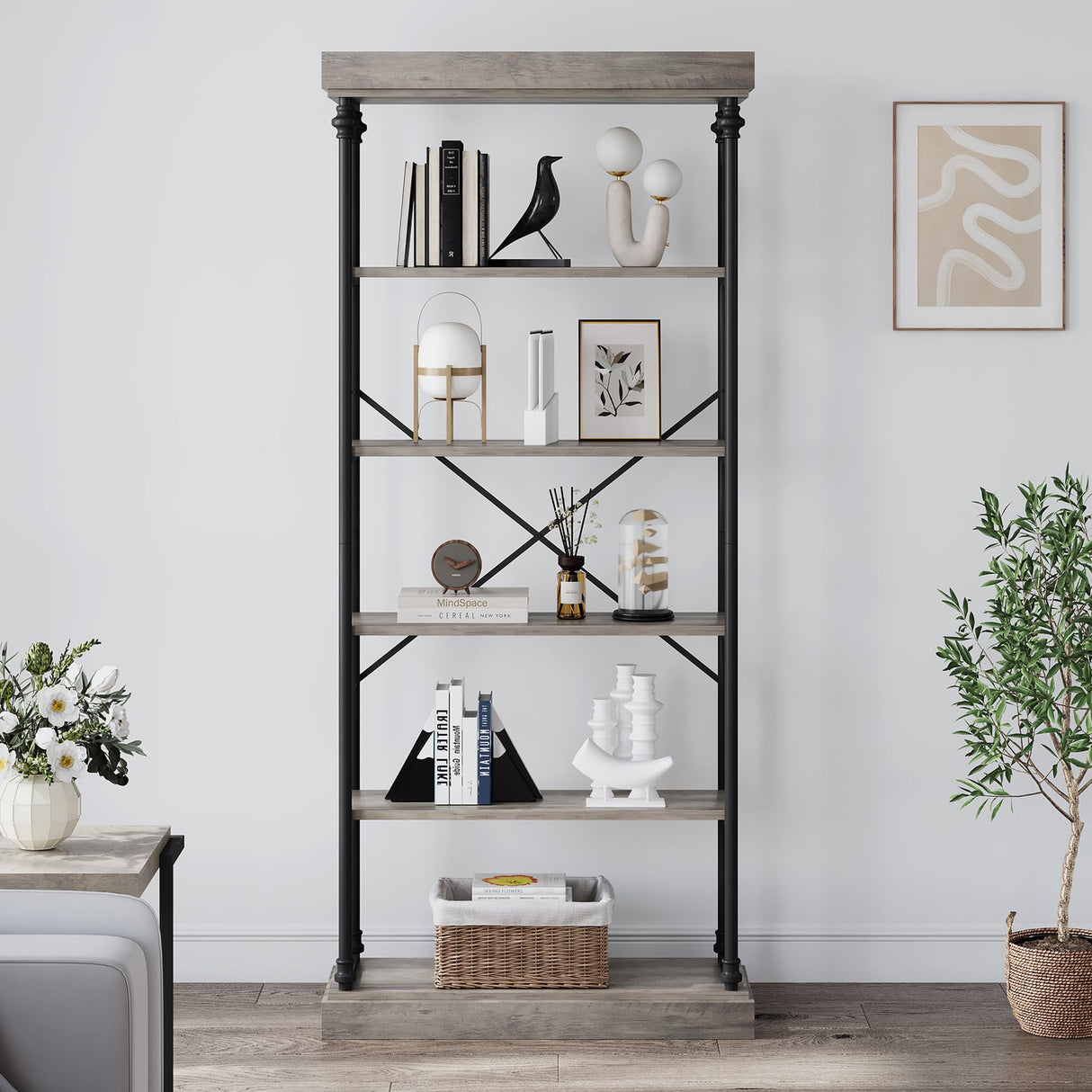 IDEALHOUSE Rustic 6-Tier Industrial Bookshelf with Metal Frame - Elegant Grey Storage Rack for Home and Office IDEALHOUSE