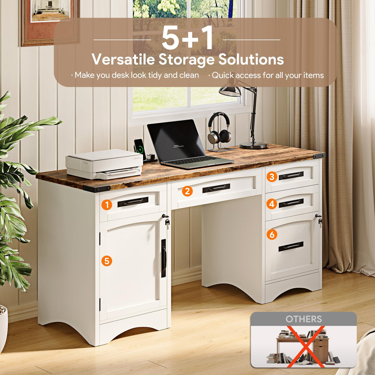 Decofy Farmhouse Executive Desk with Drawers, 55" Home Office Desks with Fast Charging Station, Lockable File Cabinet, Wood Writing Computer Desk for Work, Study, White Decofy