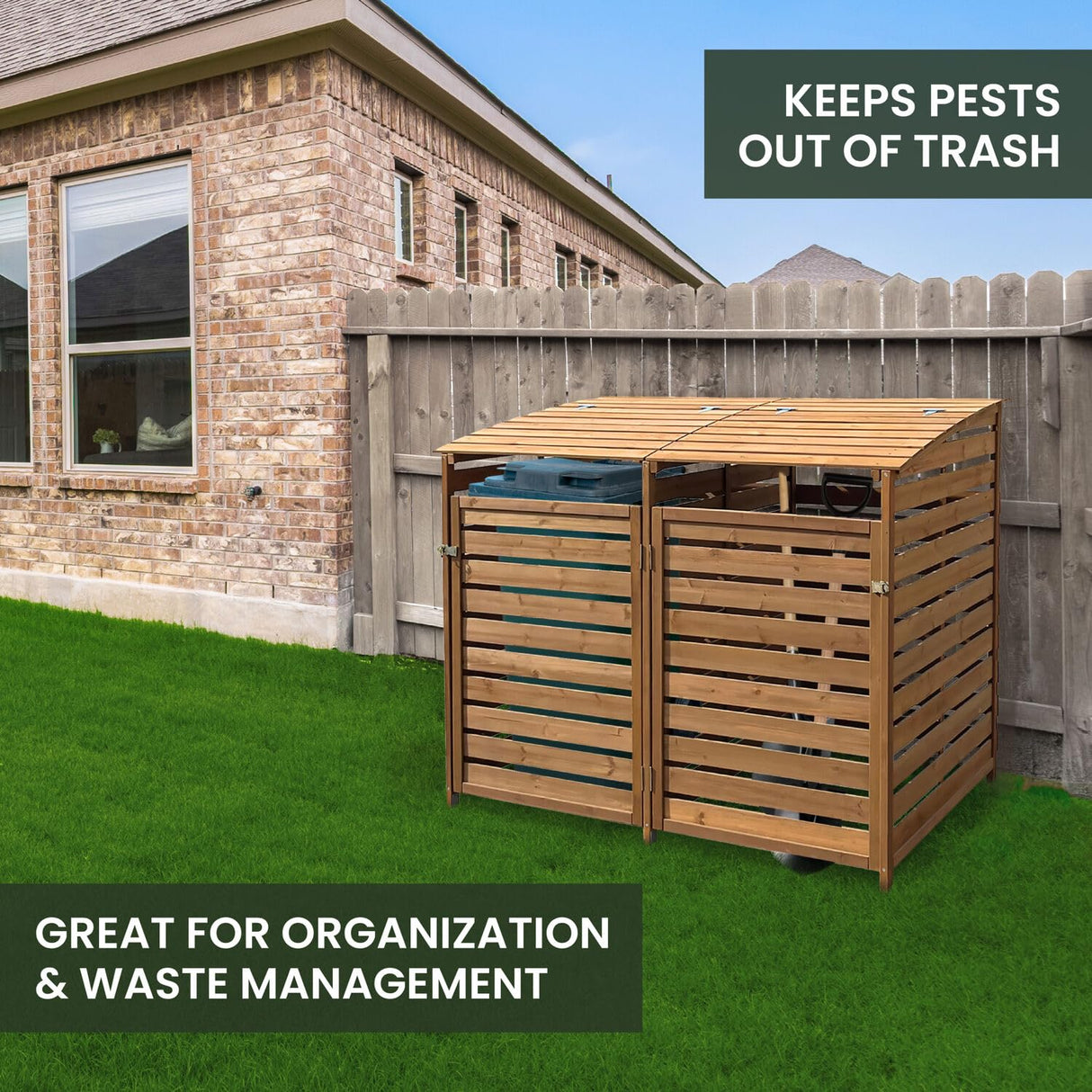 Hanover Outdoor 4.9-ft. x 4-ft. Wooden Trash Bin and Recyclables Storage Shed in Brown, Weather Resistant Trash Can Storage Container with Locking Latch for Yard, Carport, Driveway Hanover