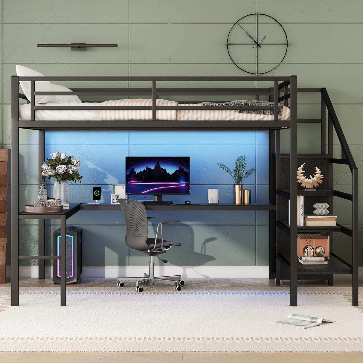 Queen Loft Bed with Stairs and Wardrobe, Queen Size Loft Bed with Desk and Storage, Metal Loft Bed with Charging Station and Light, Queen Size Loft Bed for Adults, Teens, Kids(Balck Queen) Bellemave