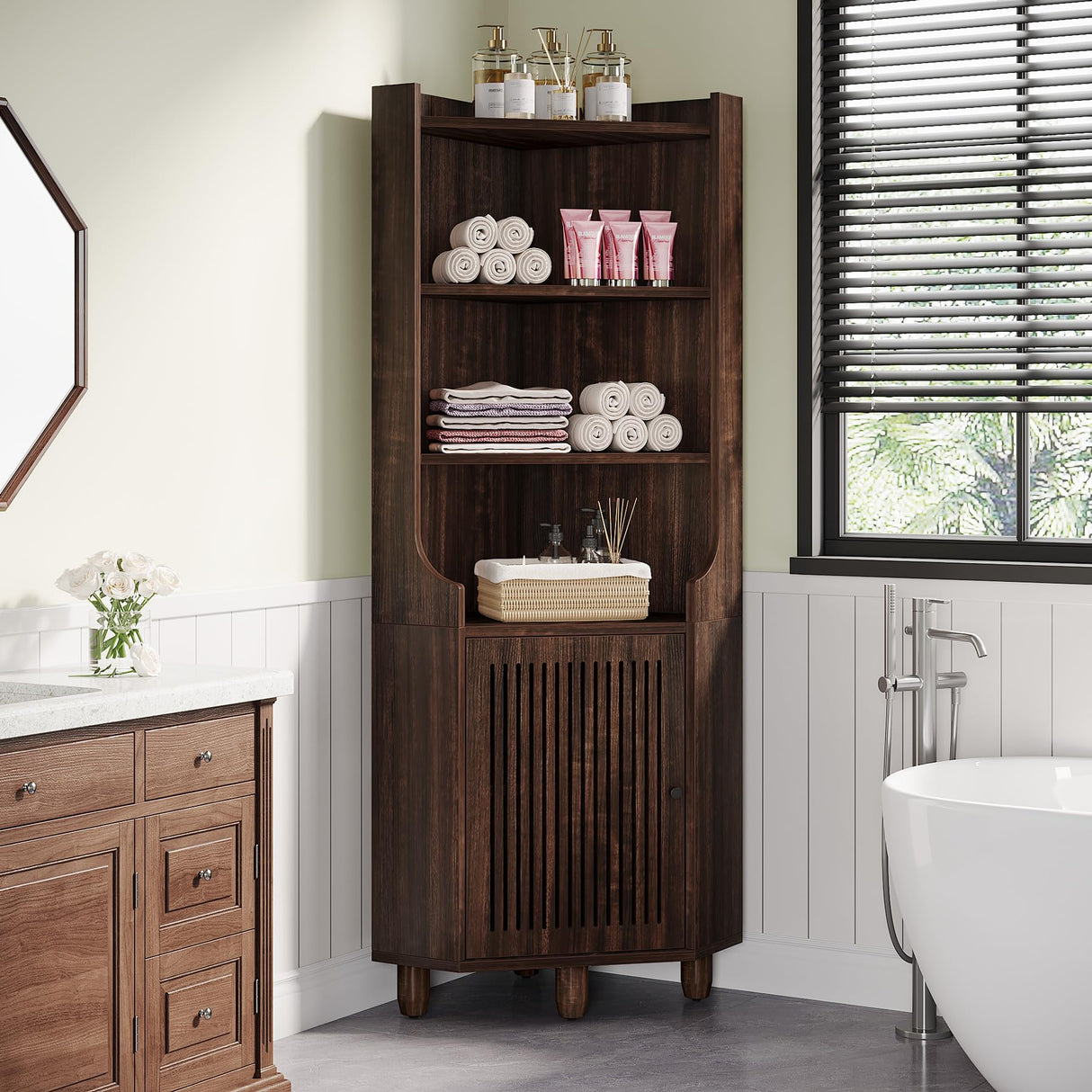 Tribesigns 68-Inch Tall Corner Cabinet, Farmhouse Corner Cabinet with Doors, 6-Tier Storage Cabinet with Removable Shelf for Living Room, Kitchen, Bathroom, Brown Tribesigns