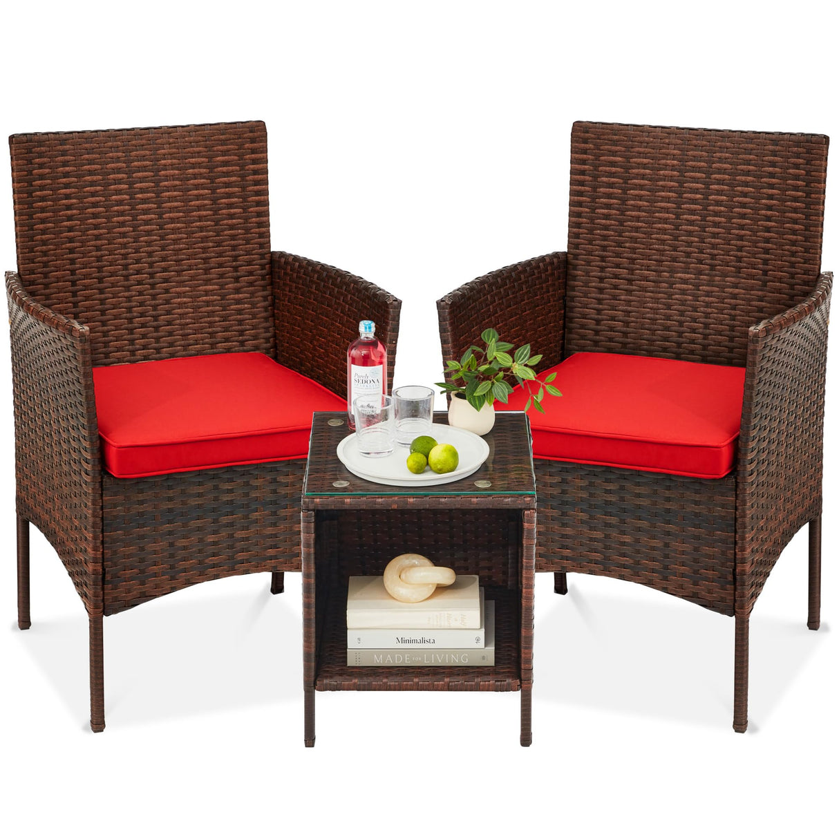 Best Choice Products 3-Piece Outdoor Wicker Conversation Bistro Set, Space Saving Patio Furniture for Garden w/Side Table - Brown/Red Best Choice Products