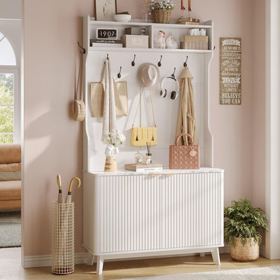 Maupvit 77" White Entryway Hall Tree, 4-in-1 Wood Coat Rack with 9 Hanging Hooks & Storage Bench, Shoe and Coat Rack, 18 Shoe Cubbies Home Organizer for Hallway Front Door Entrance
