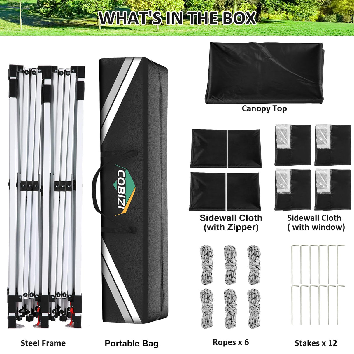 COBIZI 10x20ft Pop Up Canopy Tent with 6 Removable Sidewalls, Easy Up Commercial Canopy, Waterproof and UV50+ Gazebo with Portable Bag, Adjustable Leg Heights,Party Tents for Parties, with 4 Sandbags COBIZI