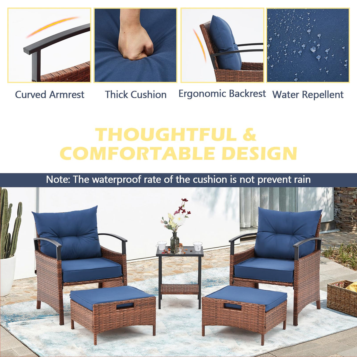 AVAWING 5 PCS Outdoor Rattan Furniture Set, Wicker Conversation Sets W/Metal Coffee Table and Soft Cushions, Patio Chairs with Ottomans for Garden, Porch, Balcony and Deck (Blue) AVAWING