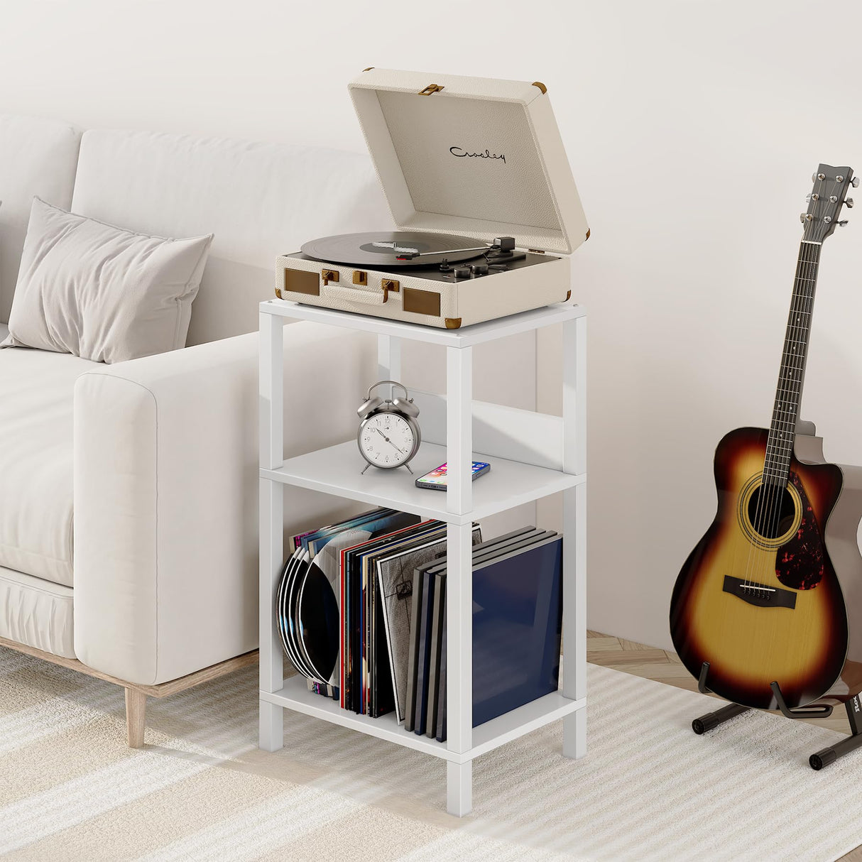 TUTOTAK Record Player Stand with Storage Up to 100 Albums,Record Storage Table,3 Tier End Table,Side Table for Living Room, Bedroom, White TB01BW075 TUTOTAK