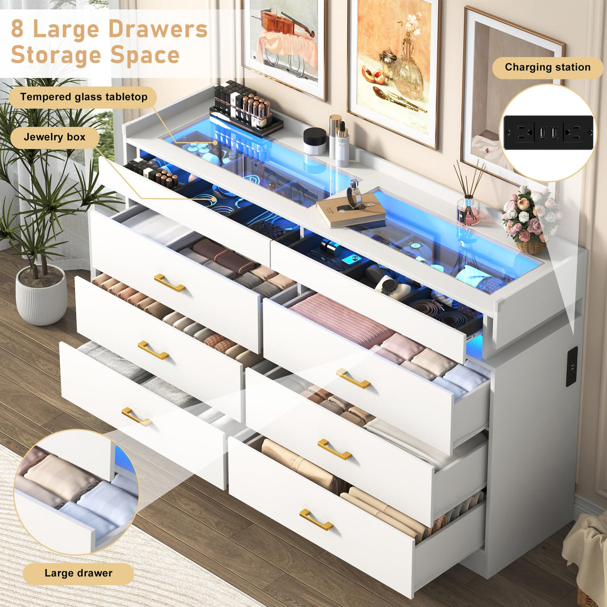 59''W Large Modern 8 Drawers Dresser for Bedroom with Glass Tabletop,Wide Wooden 6 Chest of Drawers for Closet&2 Jewelry Drawers,LED Light,Power Outlets,Tall Storage Dresser for Bedroom,White Hlivelood