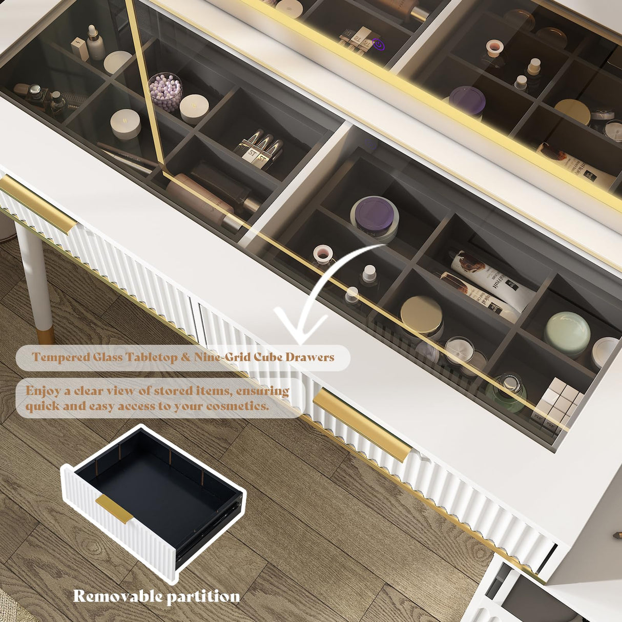 AMERLIFE 48" Vanity Desk with 35" Large Lighted Mirror, Big Modern Makeup Vanity Table with 5 Drawers & Shelves, Dressing Table with Charging Station/Glass Desktop/White AMERLIFE