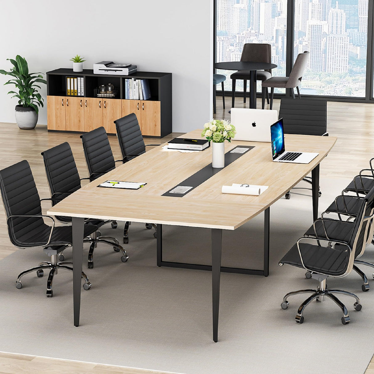 Tribesigns 8FT Conference Table, 94.48L x 47.24W x 29.52H Inches Large Boat Shaped Meeting Seminar Table with Cable Grommets, Modern Conference Room Table for Office (Light Wood Grain, 8ft) Tribesigns