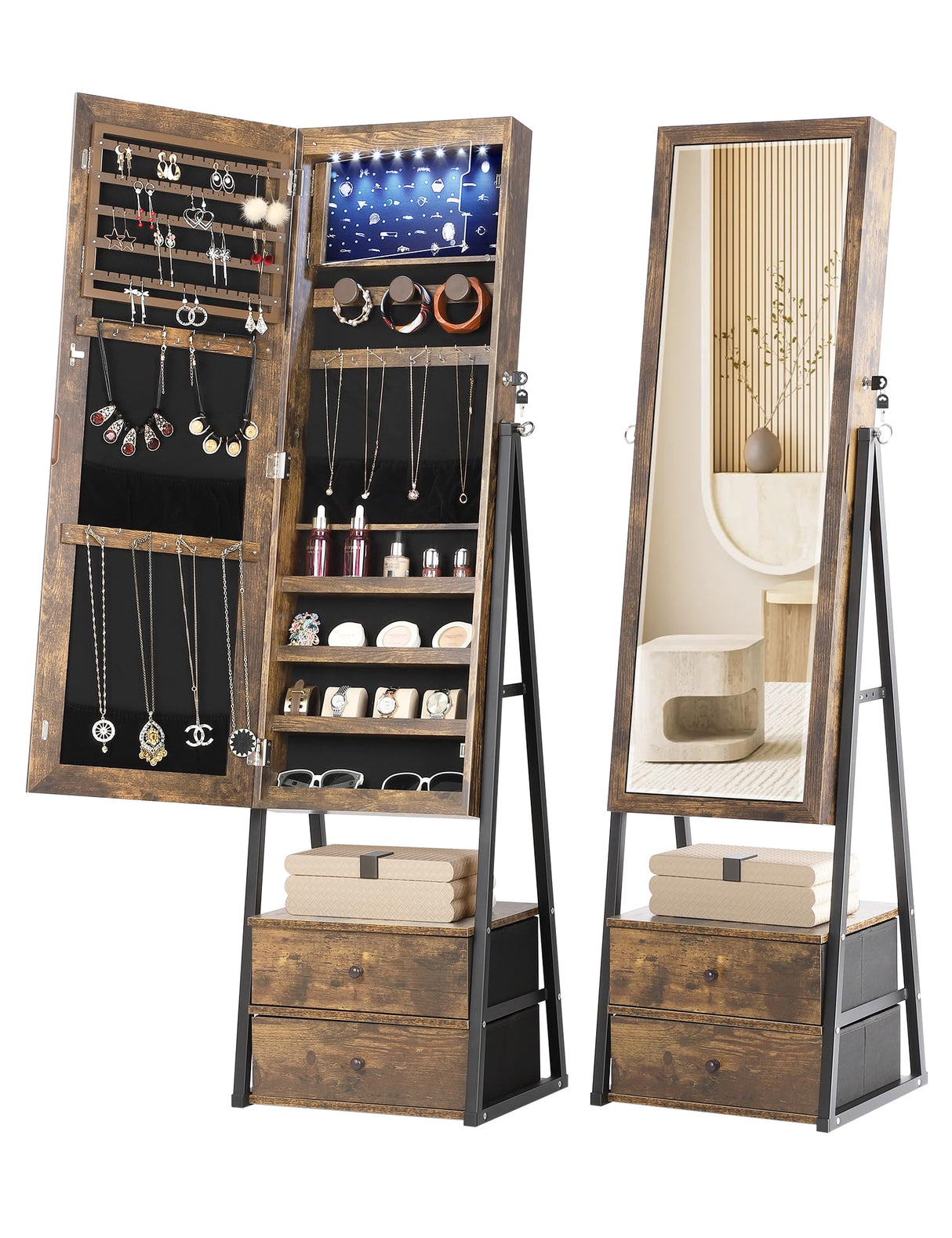Nicetree Jewelry Cabinet Armoire with 2 Drawers, Lockable Standing Jewelry Mirror Cabinet, Full Length Mirror with Jewelry Storage, Rustic Brown Nicetree