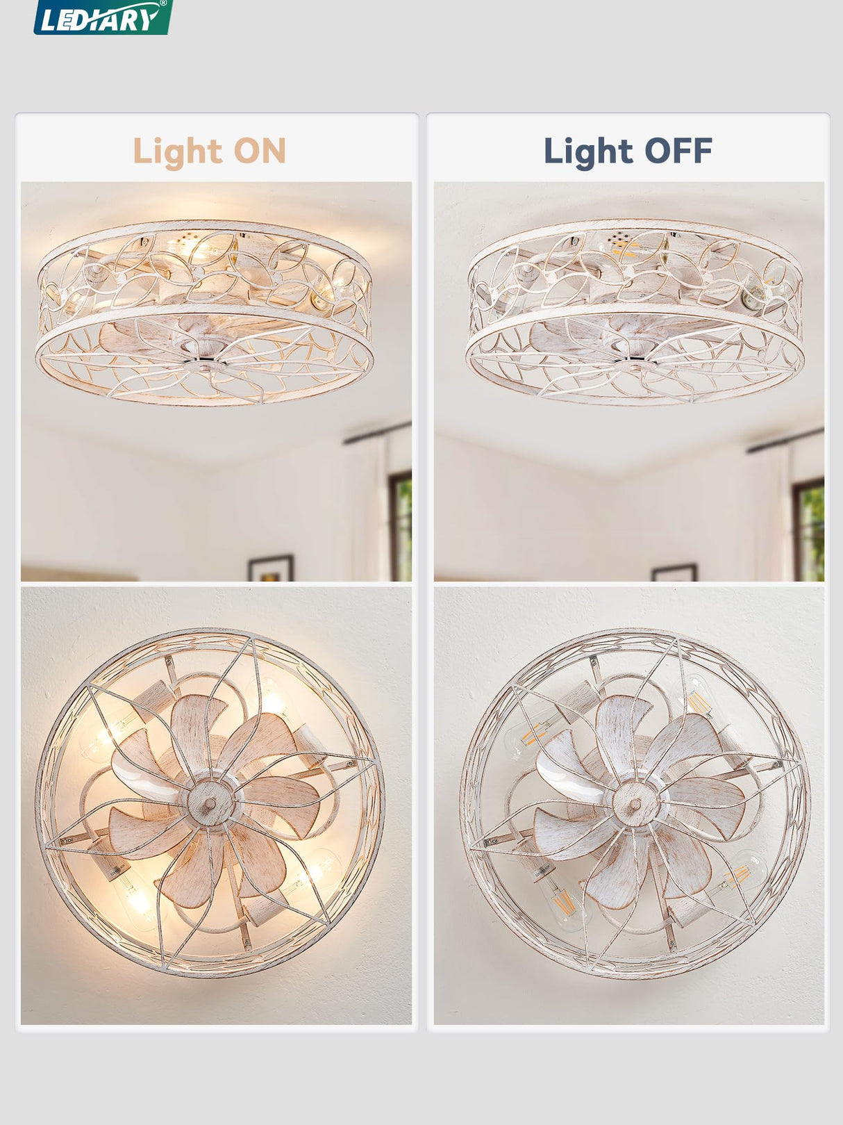 LEDIARY Caged Ceiling Fans with Lights, White Flush Mount Ceiling Fan with Remote, Small Low Profile Bladeless Ceiling Fan Light Fixture for Bedroom, Kitchen, Dining Room-White Gold Color LEDIARY