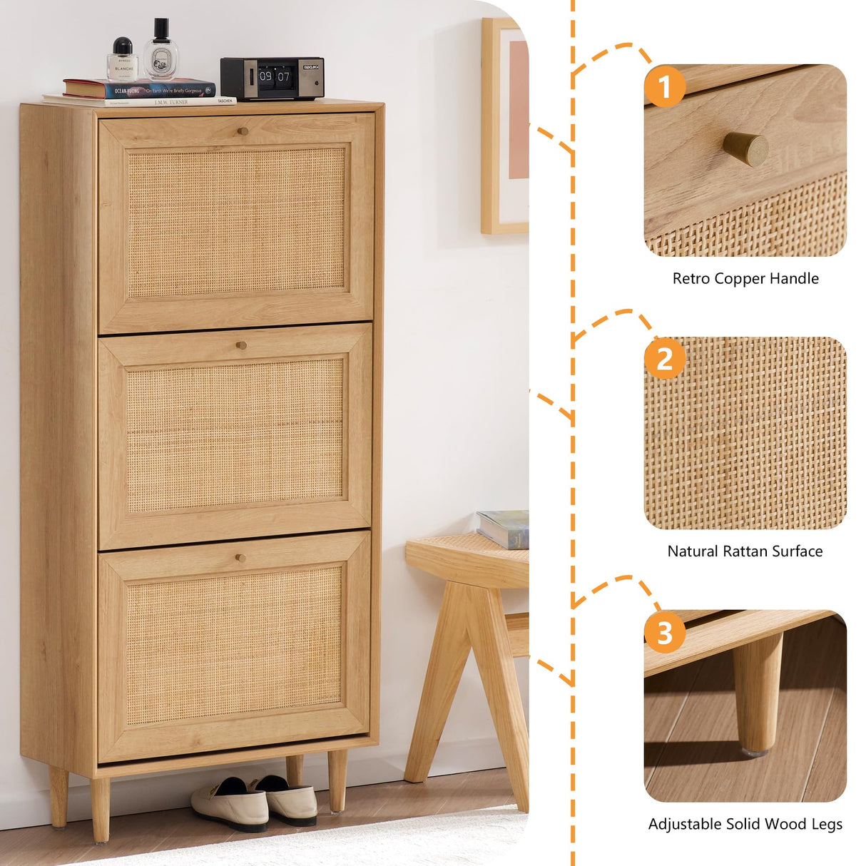 HOOLETE Narrow Shoe Cabinet with 3 Flip Drawers Hidden Freestanding Shoe Rack with Natural Rattan Doors Wooden Shoe Storage Cabinet with Solid Wood HOOLETE