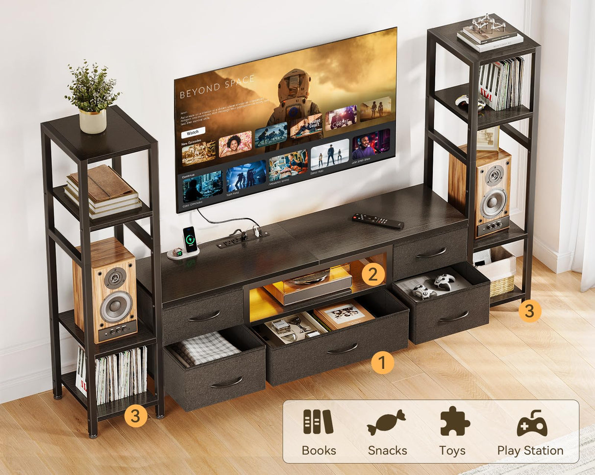 Casaottima 71" TV Stands for 43, 50, 55 Inch TV Entertainment Center with LED Lights and Power Outlets, TV Stand for Living Room with 5 Fabric Drawers & Shelf, TV Console Cabinet for Bedroom, Black Casaottima