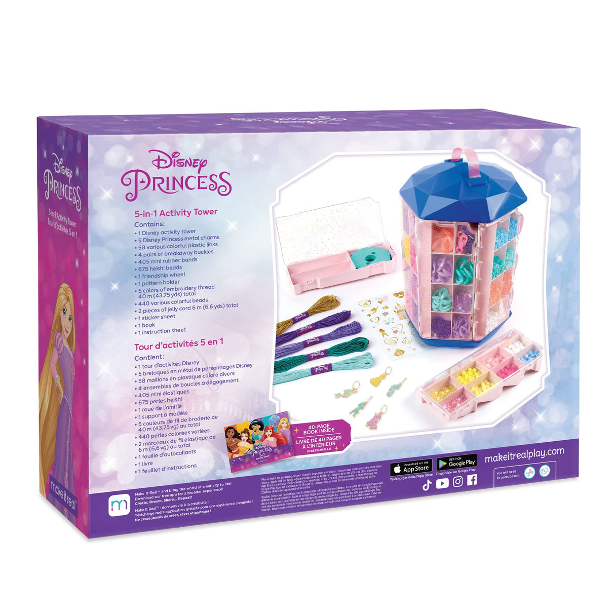 Disney Princess: 5-In-1 Activity Tower - 1600 Pieces Spinning Vertical Platform, Make It Real, 5 Removable Storage Trays, 5 Princess Charms, Various Types Of Beads, DIY Unique Jewelry Kit, Ages 8+ Make It Real