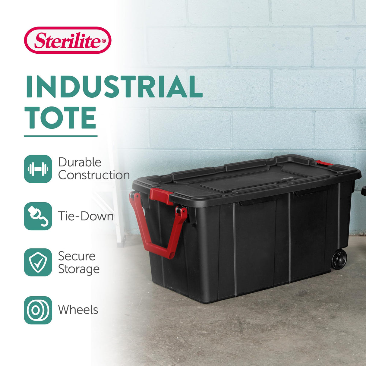 Sterilite 4-Pack Industrial Tote, Heavy-Duty Storage Bins w/Lids and Wheels, 40 Gallon - Stackable Organizing Containers for Home, Garage, Office, and Basement Sterilite