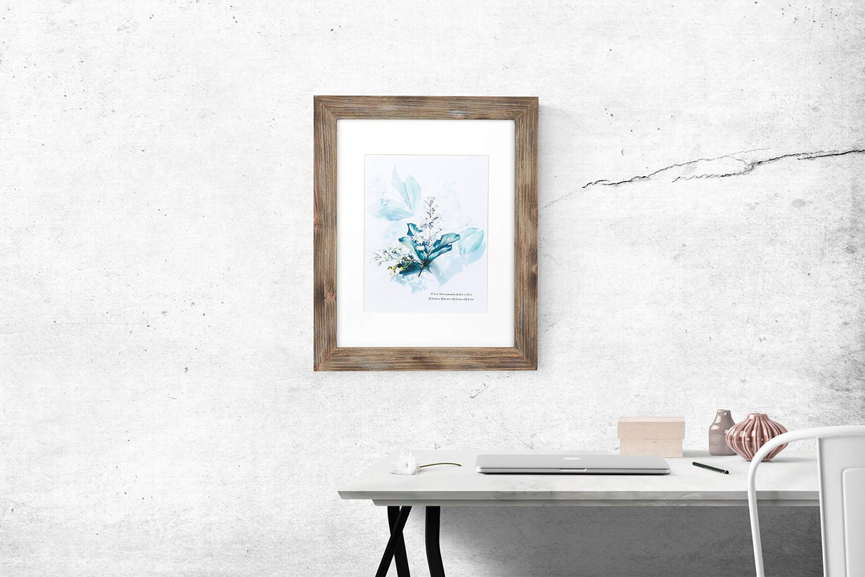 KAIWIN 100% Solid Wood Brown 11x14 Picture Frame 2 Pack Display Picture 8x10 with Mat, HD Glass Inside, Rustic Wooden Photo Frames for Wall Mounting KAIWIN