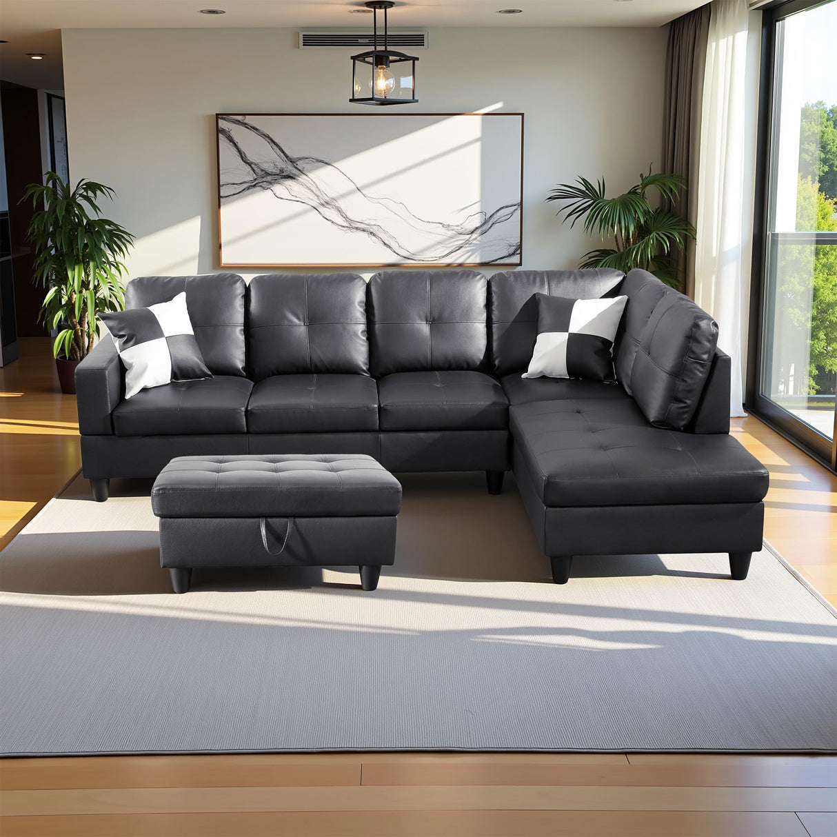 Lyngins 103.5" Oversized Sectional Couch, L Shaped Couch with Storage Ottoman, Modern Modular Sofa with Deep Seat, Sectional Couches for Living Room and Office, Jet Black (Faux Leather) Lyngins