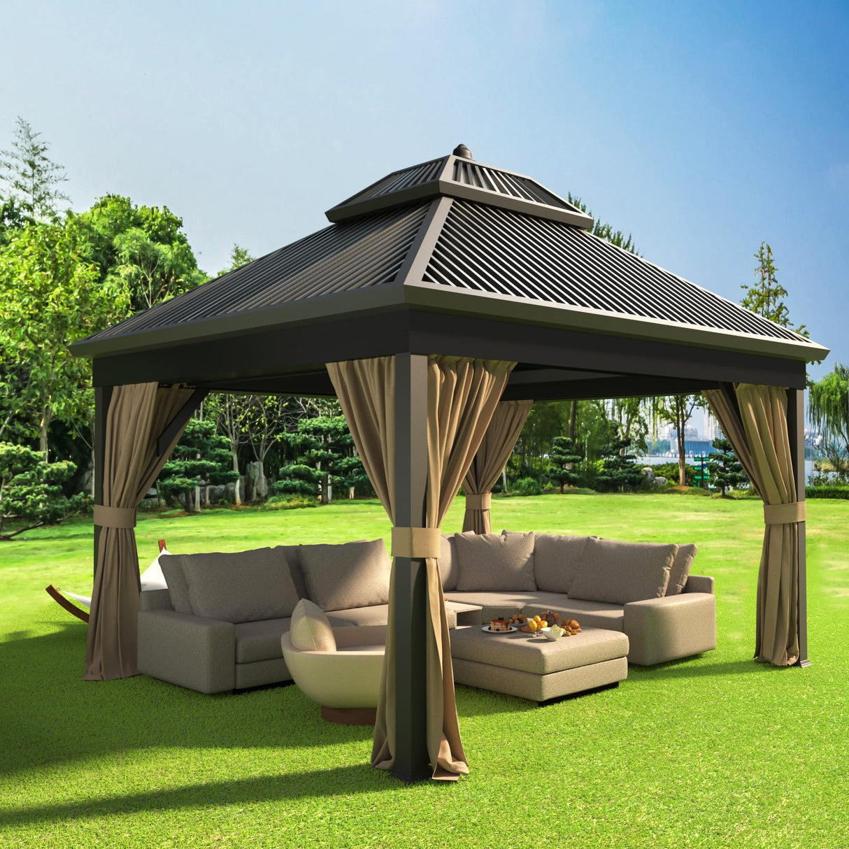 10’x12’ 4-Side Wall Gazebo Privacy Curtains with Zipper for Lowe's Allen Roth #GF-12S004B-1 / GF-12S004BTO / TPGAZ17-002, 4-Panels Sidewall Curtains Replacement for 10-ft x 12-ft Gazebo (Khaki) Fengind
