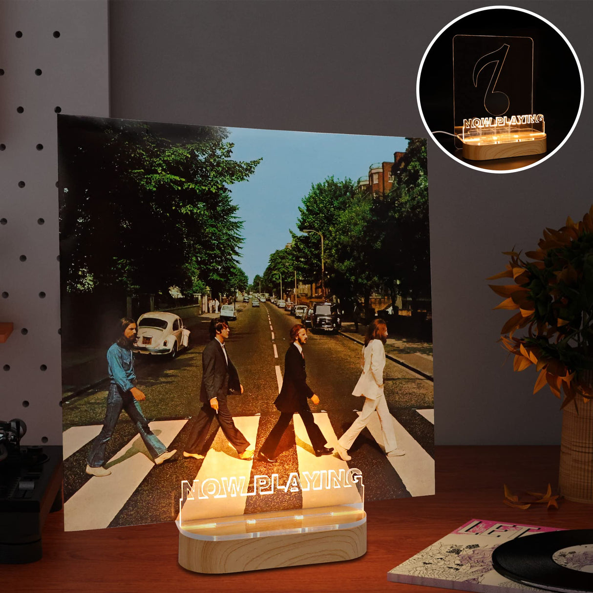 YuanDian Light up Now Playing Vinyl Record Stand, Now Spinning Record Stand, Wooden Acrylic Holder for Vinyl Album Display Storage, Vinyl Record LED Display Storage Collection Holder with USB Powered YuanDian