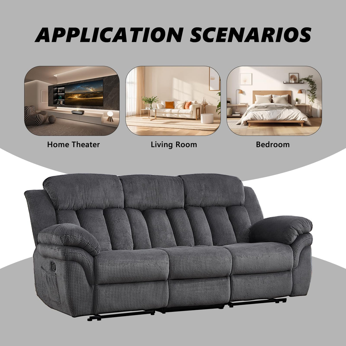 CANMOV Recliner Sofa Set, Manual Reclining Sofa with Overstuffed Armrest for Living Room,Bedroom Furniture,Office,3 Seat Grey CANMOV