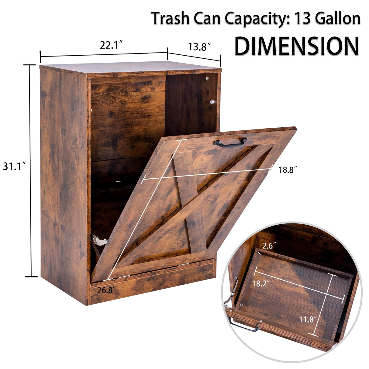 Zedesey 13 Gallon Wooden Tilt Out Trash Cabinet Hidden Trash Can Kitchen Recycling Cabinet Laundry Cabinet for Kitchen, Living Room (Brown) Zedesey